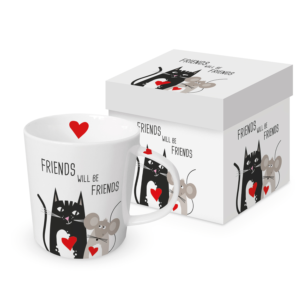 Auf dem Bild ist eine Tasse mit dem Motiv einer Katze und einer Maus, die gemeinsam ein rotes Herz halten. Darüber steht der Text „Friends will be Friends“ und die Tasse ist passend mit einer Geschenkbox verpackt.