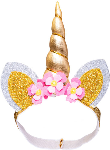 Auf dem Bild ist ein Haarreif mit einem goldenen Einhorn-Horn zu sehen. Er ist mit glitzernden Ohren und rosa Blumen dekoriert.
