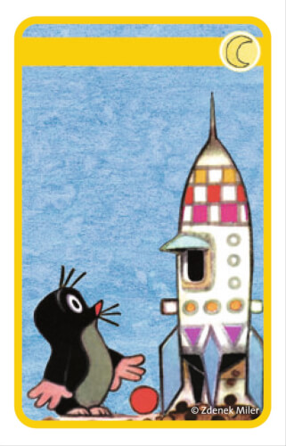 Ein kleiner Maulwurf steht neben einer bunten Rakete. Im Hintergrund ist der Himmel blau, und oben rechts ist ein gelber Mond zu sehen.