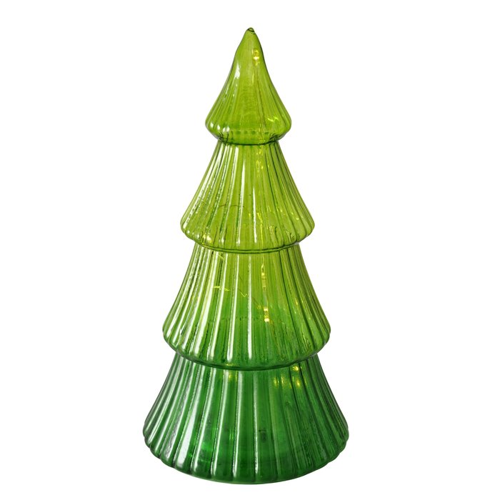 Dies ist ein Dekoaufsteller in Form eines Weihnachtsbaums mit LED-Beleuchtung. Die Höhe beträgt 20 cm.