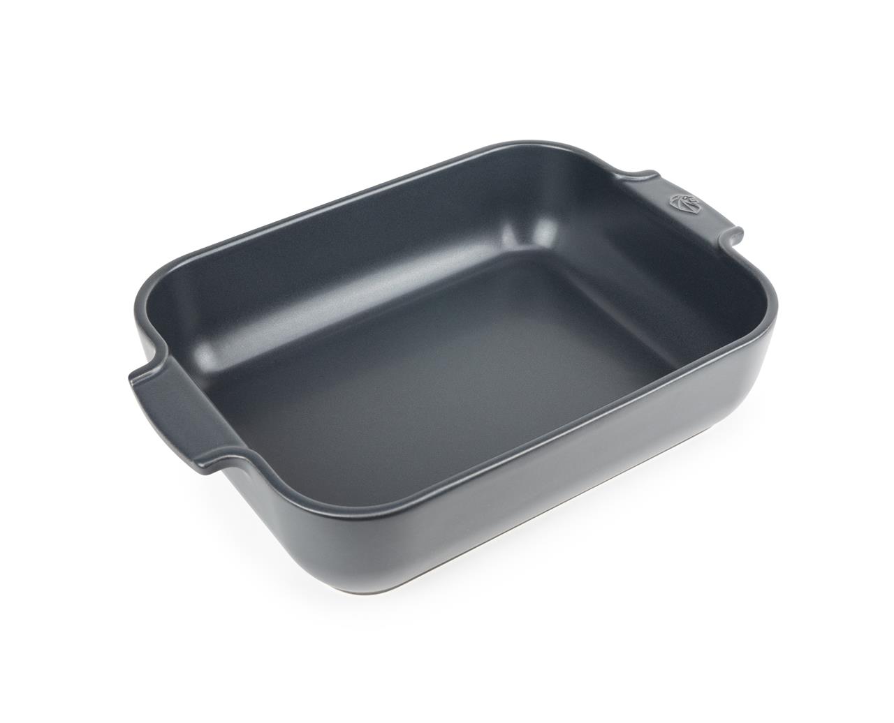 Die Abbildung zeigt eine rechteckige Auflaufform in Schiefergrau mit einer Länge von 32 cm. Die Form hat zwei seitliche Griffe und ist für die Zubereitung von Aufläufen geeignet.