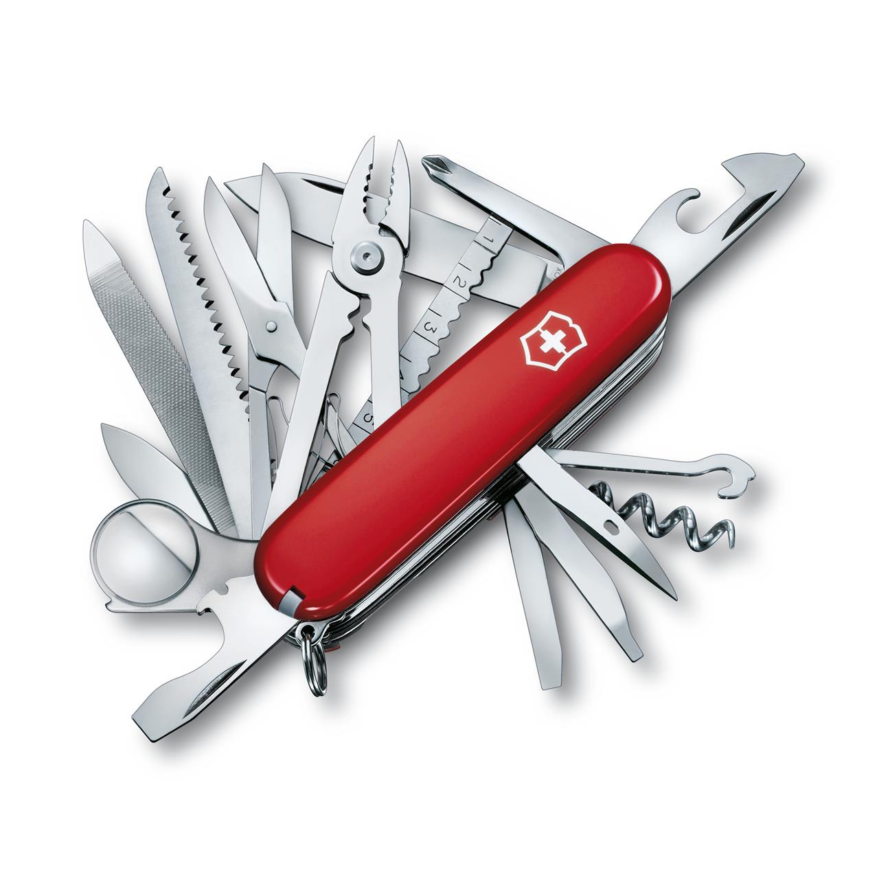 Das Bild zeigt ein rotes Schweizer Taschenmesser mit vielen verschiedenen Werkzeugen. Dieses Modell heißt Swisschamp Taschenmesser und besitzt zahlreiche Funktionen.