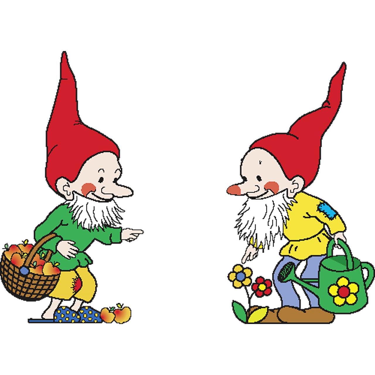 Das Bild zeigt zwei fröhliche Zwerge mit roten Mützen. Einer trägt einen Korb mit Äpfeln, der andere gießt Blumen mit einer Gießkanne.