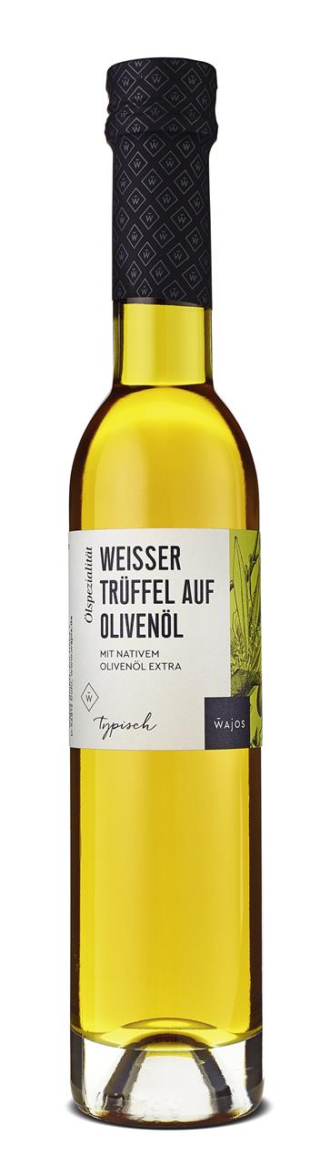 Auf dem Bild ist eine Flasche Olivenölzubereitung mit weißem Trüffel zu sehen. Das Produkt hat ein Fassungsvermögen von 250 ml und stammt von der Marke Wajos.