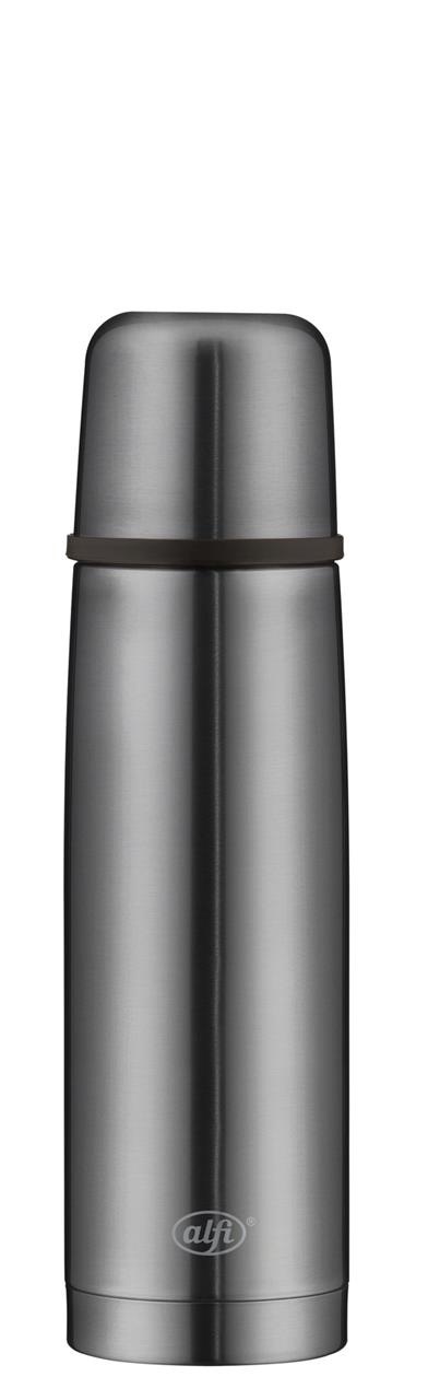 Die Abbildung zeigt eine graue Isolierflasche mit einem Fassungsvermögen von 0,5 Litern. Sie hat ein schlichtes, modernes Design und ist von der Marke alfi.