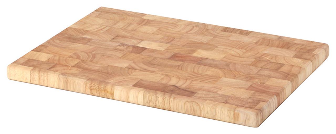 Dies ist ein Schneidebrett aus Gummibaum-Stirnholz in der Größe 35x25 cm. Es hat eine rechteckige Form und eine helle Holzmaserung.