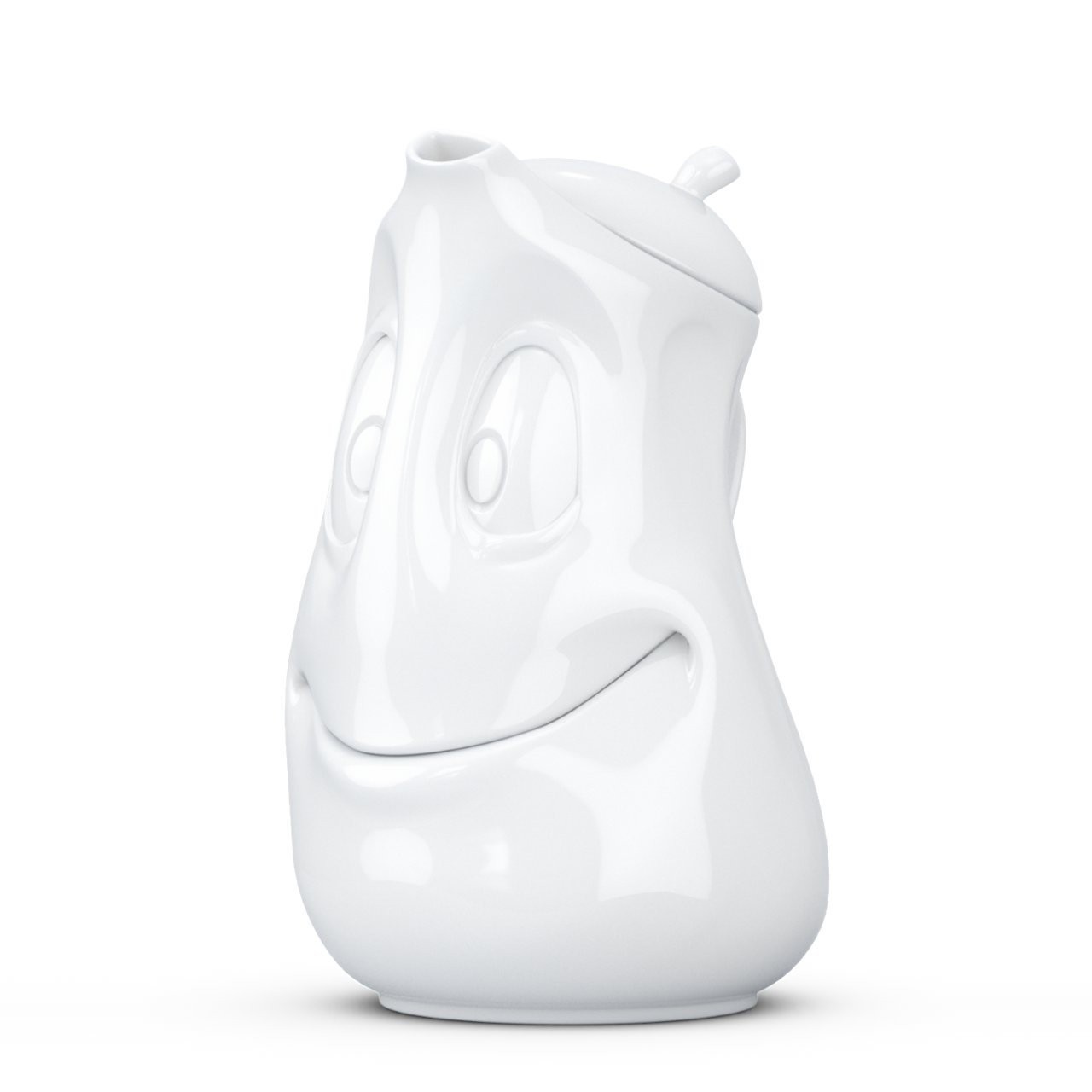 Die Abbildung zeigt eine weiße Kanne mit einem fröhlichen Gesicht und einem Fassungsvermögen von 1200 ml. Die Kanne hat eine glatte Oberfläche und einen Deckel mit einem kleinen Griff.