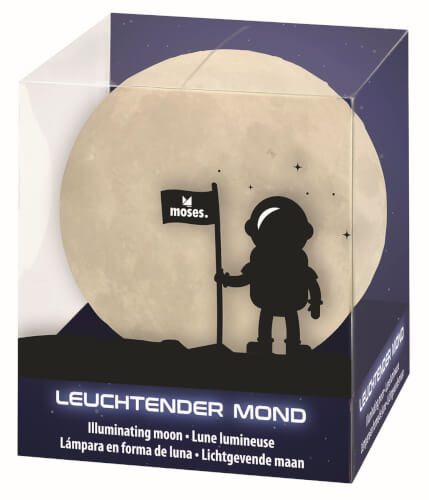 Auf dem Bild ist ein leuchtender Mond mit einem Astronauten zu sehen, der eine Fahne hält. Die Verpackung trägt die Aufschrift "LEUCHTENDER MOND" und unten steht die Übersetzung in mehreren Sprachen.
