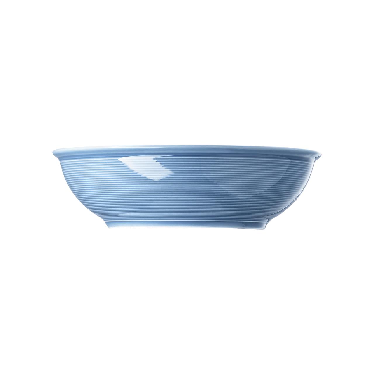 Die Abbildung zeigt eine flache Schüssel in der Farbe Arctic Blue. Sie hat einen Durchmesser von 27 cm und ein Fassungsvermögen von 2,5 Litern.