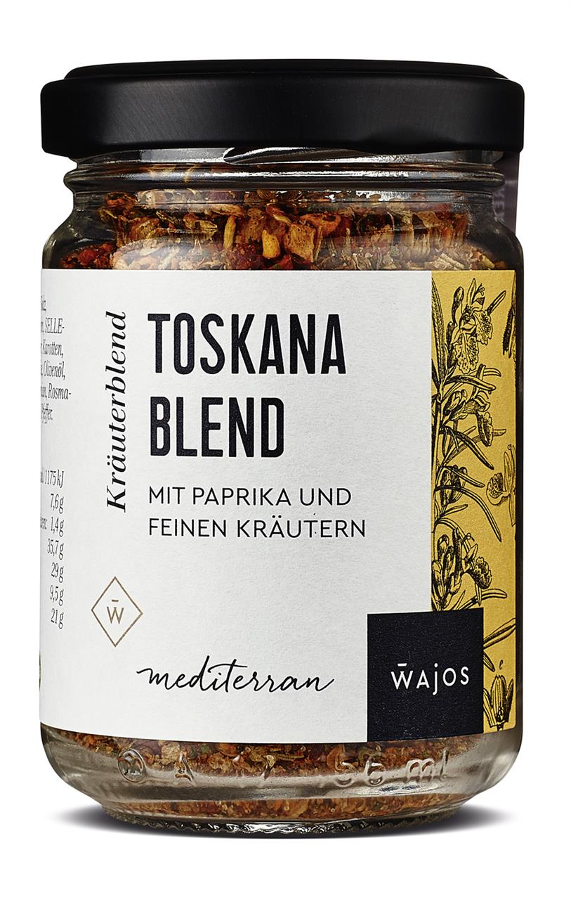 Das Bild zeigt ein Glas mit der Gewürzmischung "Toskana Blend 55g". Auf dem Etikett steht, dass es sich um eine Mischung mit Paprika und feinen Kräutern handelt.