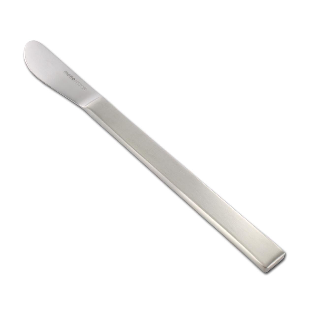 Das Bild zeigt ein Tafelmesser mit kurzer Klinge aus der Serie Mono A. Das Messer hat ein schlichtes, modernes Design aus Edelstahl.