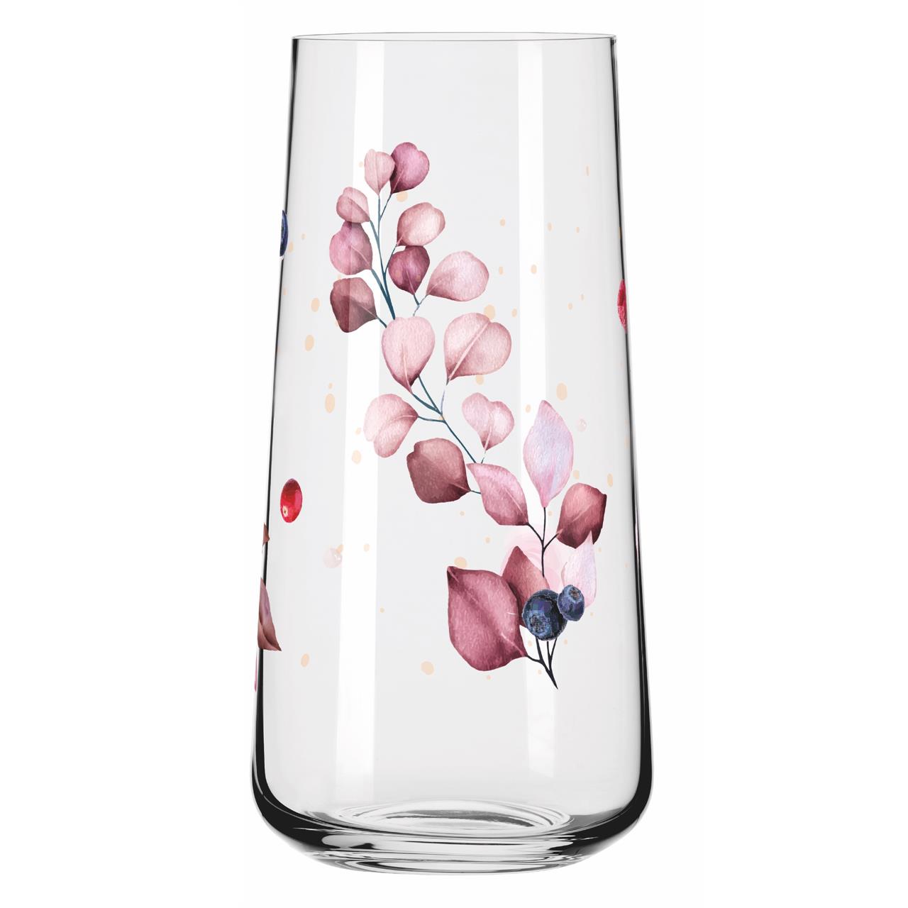 Das Bild zeigt ein Trinkglas mit einem schönen floralen Muster in Rosa- und Lilatönen. Auf dem Glas sind zarte Zweige und Blätter sowie kleine Beeren abgebildet.