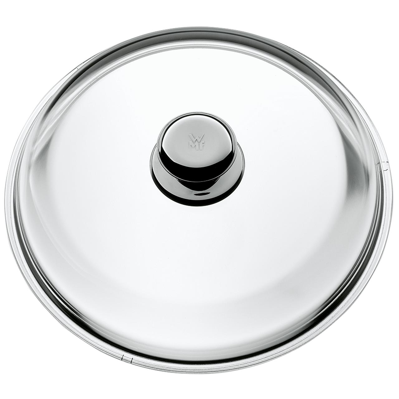 Dies ist ein Pfannen-Glasdeckel mit einem Durchmesser von 28 cm. Er hat einen silbernen Griff in der Mitte und ist durchsichtig.