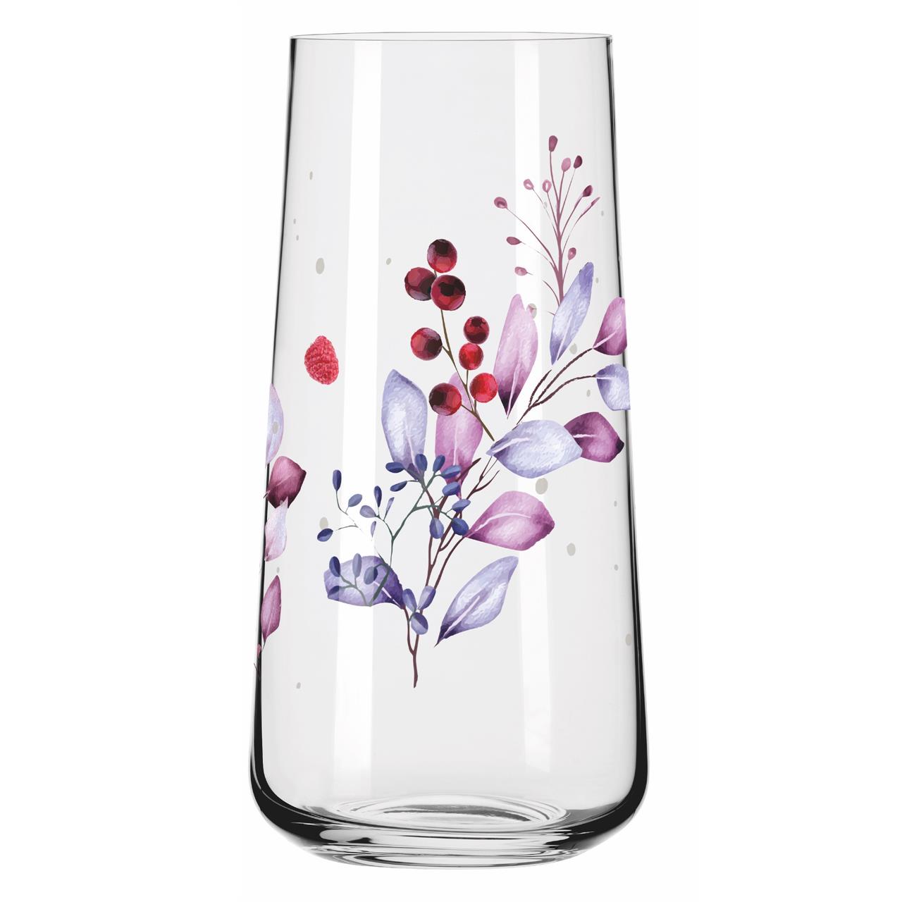 Das Bild zeigt ein Glas mit einem floralen Muster in Lila- und Rottönen. Auf dem Glas sind verschiedene Blätter und Beeren abgebildet.