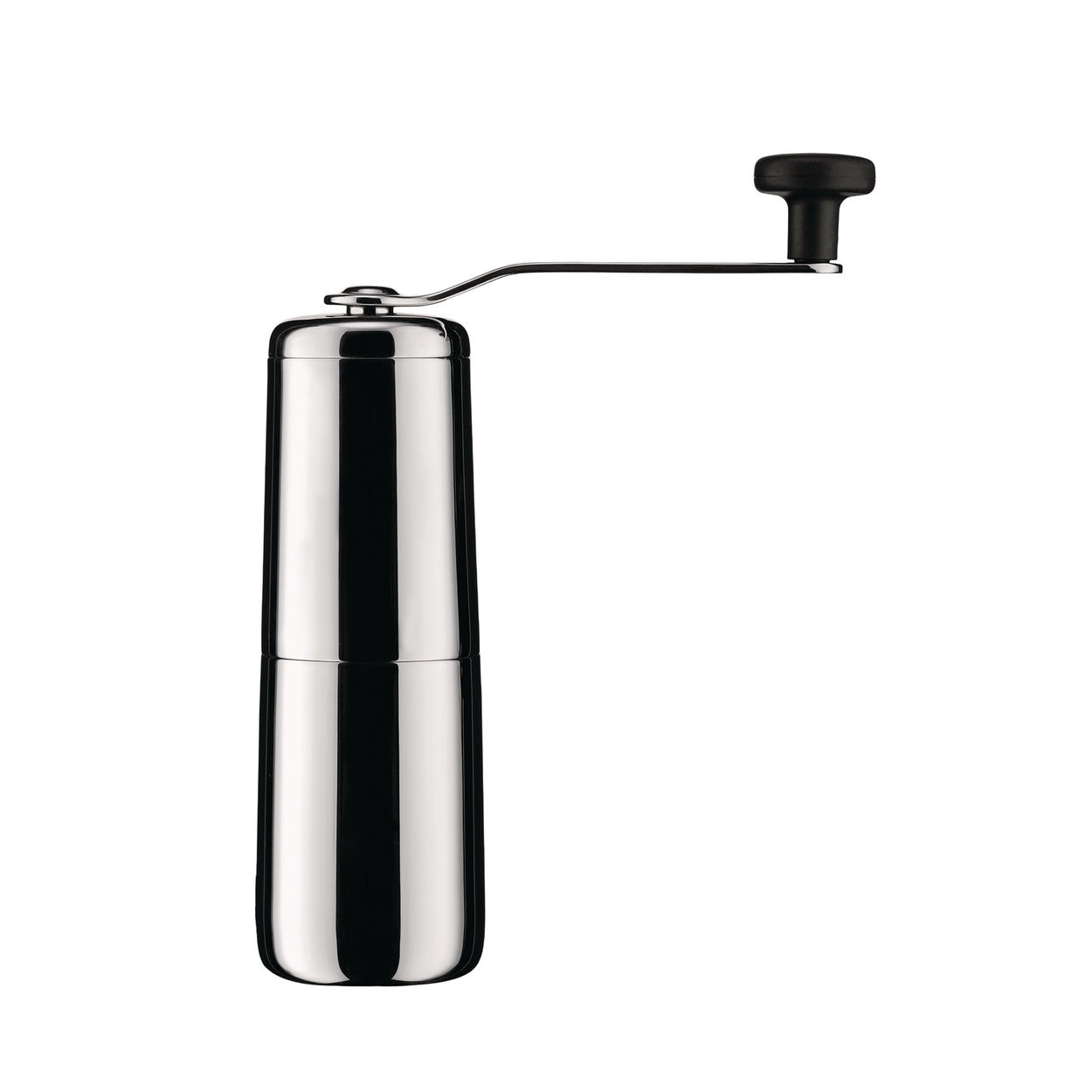 Das Bild zeigt eine Kaffeemühle aus Metall mit einer Handkurbel. Sie hat ein modernes und schlichtes Design.