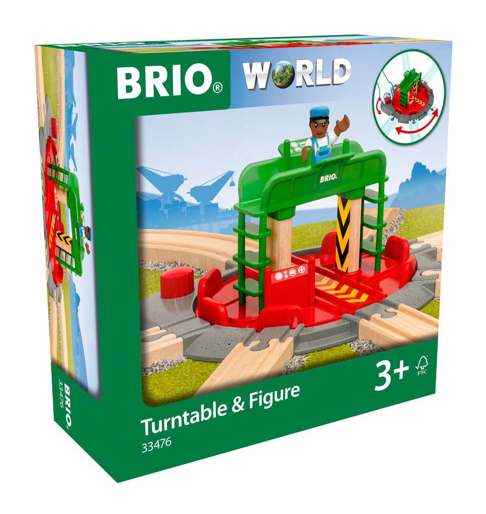 Das Bild zeigt die BRIO® Lok-Drehscheibe mit Kontrollbrücke 33476 in der Verpackung. Das Set ist für Kinder ab 3 Jahren geeignet und enthält eine Drehscheibe sowie eine Spielfigur.