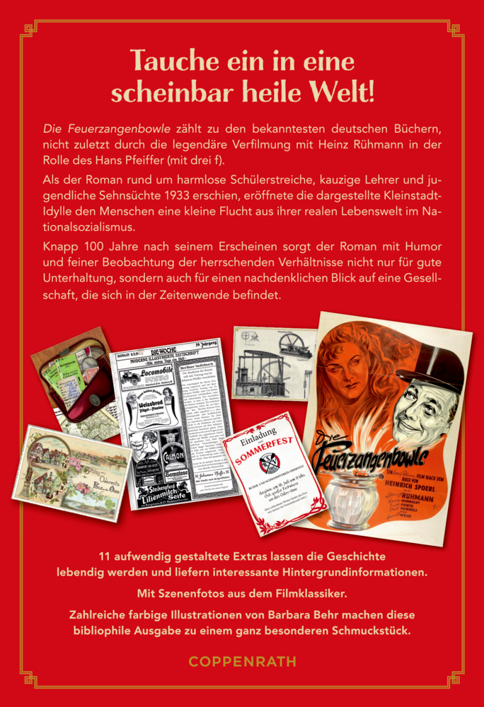 Abgebildet ist die Rückseite der Schmuckausgabe 'H. Spoerl, Die Feuer'. Die Gestaltung unterstreicht die Hochwertigkeit dieser besonderen Ausgabe.