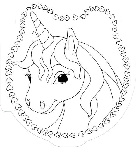 Das Bild zeigt einen lächelnden Einhornkopf mit einer langen Mähne. Um das Einhorn herum ist ein Herzchenrahmen gezeichnet.
