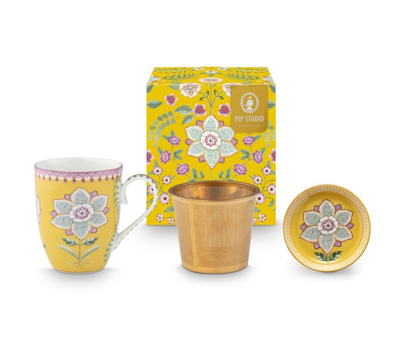Das Bild zeigt das 'Tea for One Set Lily&Lotus yellow'. Es handelt sich um ein Teeset in Gelb mit Lotus-Motiv.