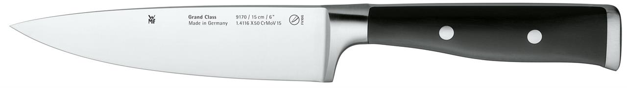 Das Bild zeigt ein Kochmesser der Produktreihe Grand Class mit einer Klingenlänge von 15 cm. Das Messer hat eine silberne Klinge und einen schwarzen Griff mit zwei Nieten.