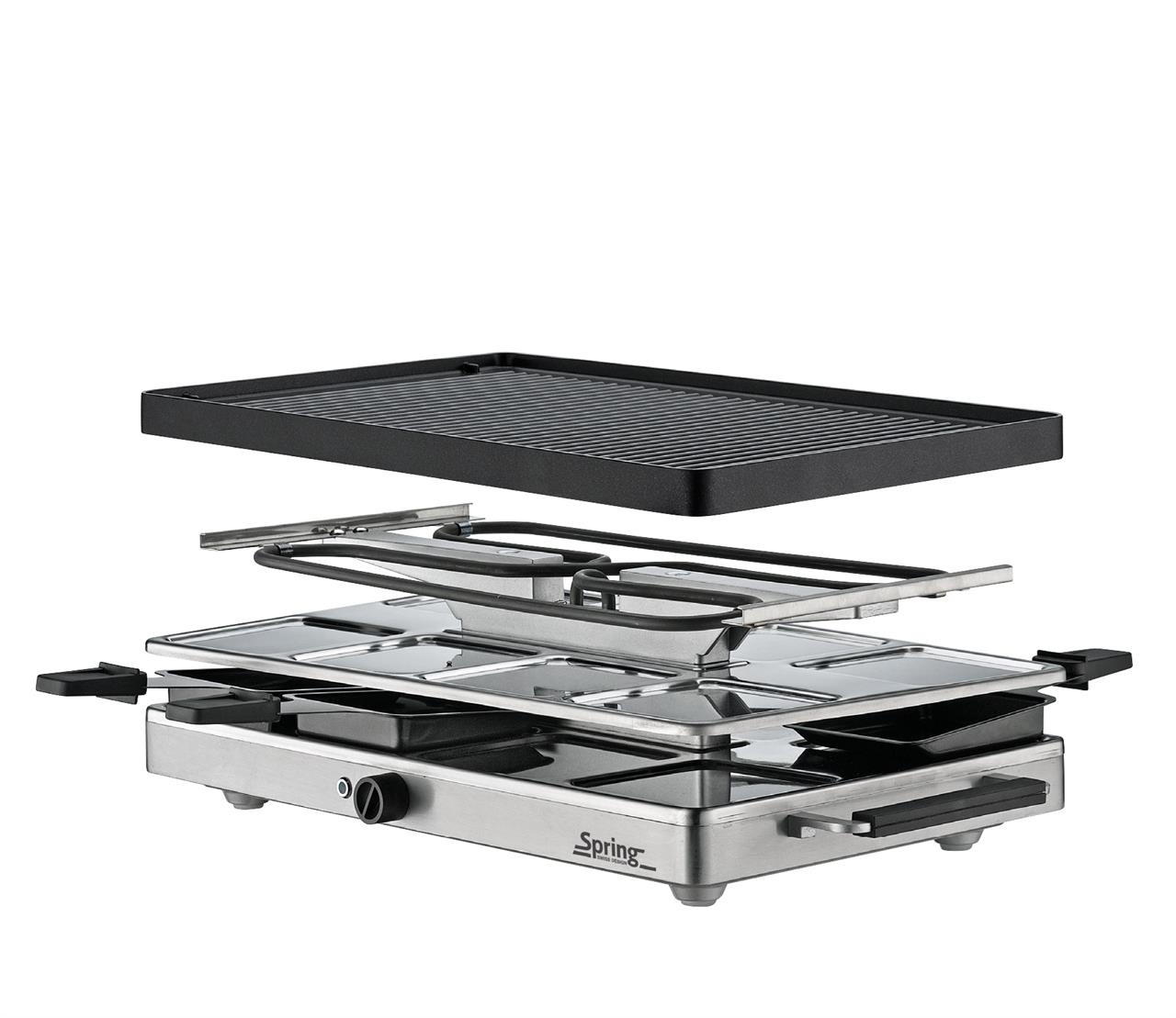 Das Bild zeigt das Produkt „Raclette mit Alugrillplatte Classic EU“. Die Grillplatte ist abnehmbar und die einzelnen Komponenten des Raclettes sind sichtbar angeordnet.