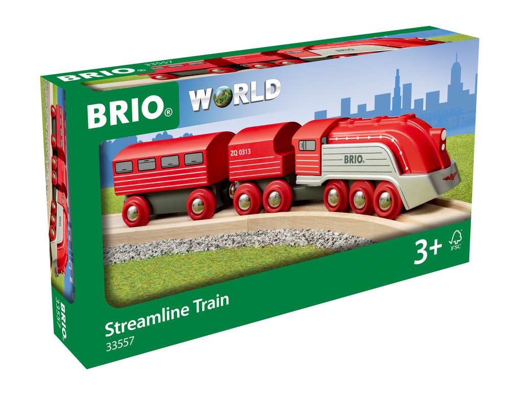 Die Abbildung zeigt die Verpackung des BRIO® World Highspeed-Dampfzugs 33557. Auf der Schachtel ist ein roter, stromlinienförmiger Spielzeugzug abgebildet, der für Kinder ab 3 Jahren geeignet ist.