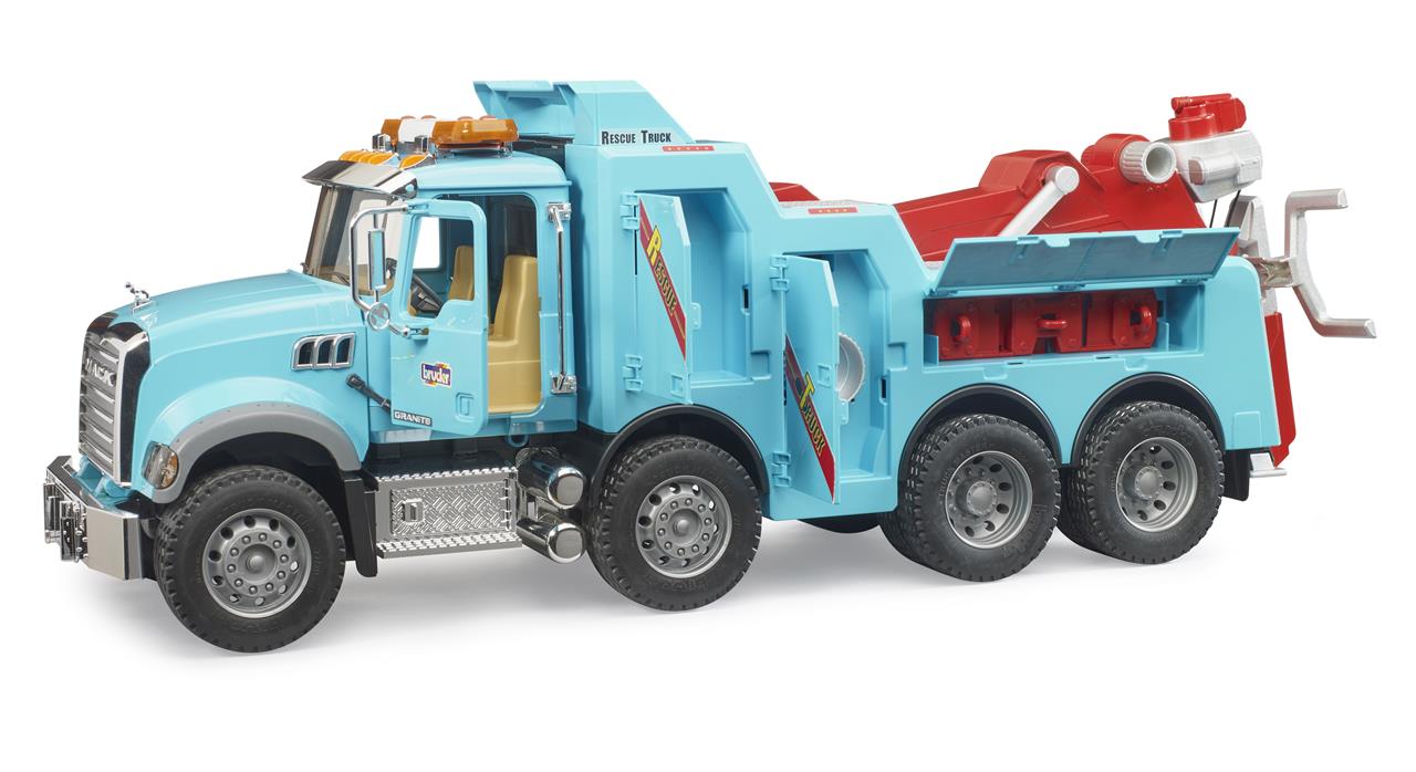 Auf dem Bild ist ein Spielzeug-Abschleppwagen des Modells "MACK Granite LKW Abschlepp LKW mit L+S Modul" zu sehen. Der Abschleppwagen ist hellblau und rot gestaltet und verfügt über viele realistische Details.