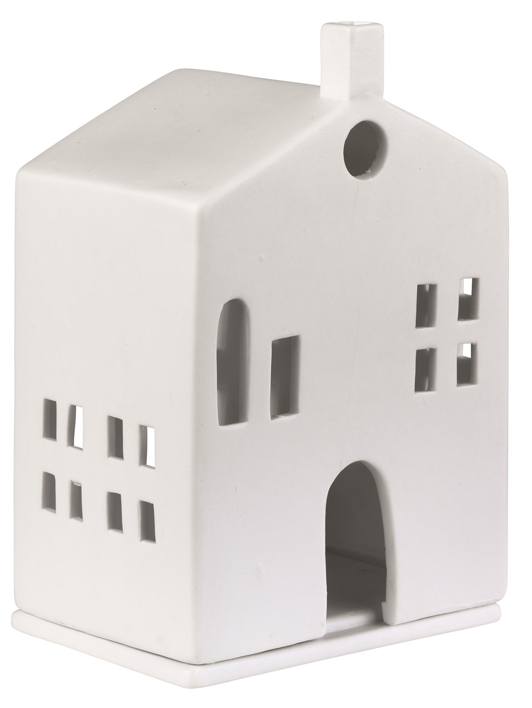 Das Bild zeigt ein kleines, weißes Keramikhaus mit ausgeschnittenen Fenstern und einer Tür. Es hat ein schlichtes, minimalistisches Design und einen Schornstein auf dem Dach.