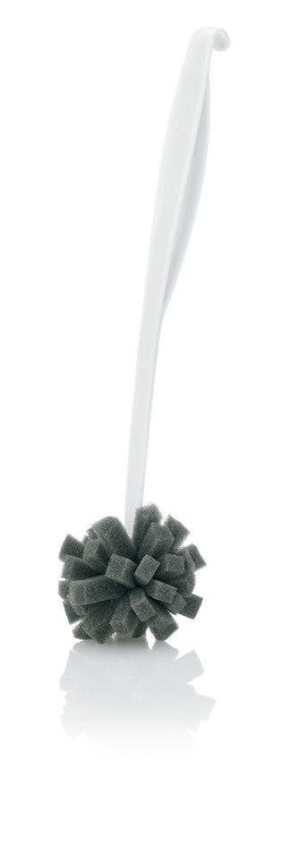 Die Abbildung zeigt die Reinigungsbürste cleanFix 25. Sie hat einen weißen Griff und einen runden, grauen Bürstenkopf.