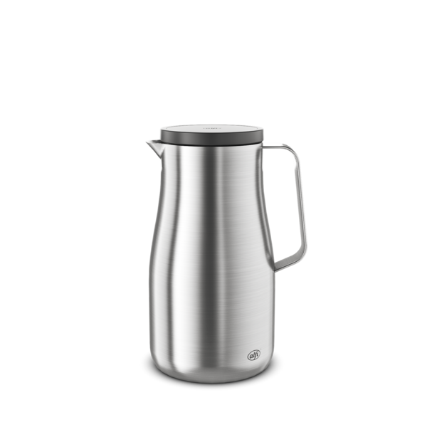 Das Bild zeigt eine silberne Thermoskanne aus Edelstahl mit einem Deckel und einem Henkel. Die Kanne hat ein modernes, schlichtes Design.