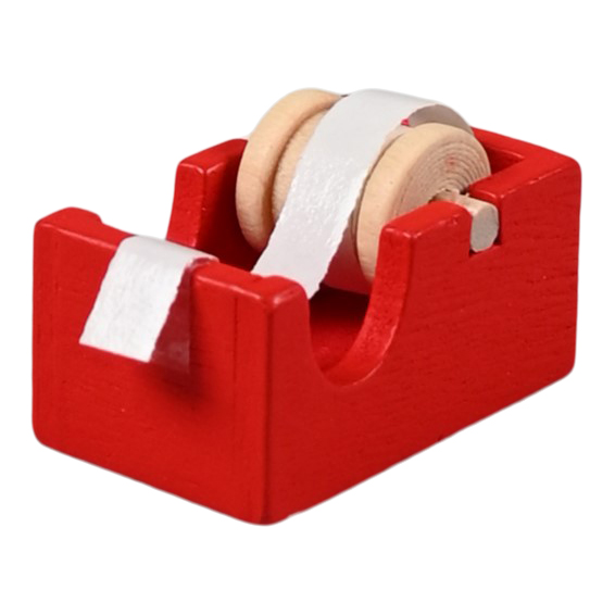 Auf dem Bild ist ein kleiner roter Tesafilm-Abroller aus Holz zu sehen. Er ist als Zubehör für Wichtel oder Puppenhäuser gedacht.