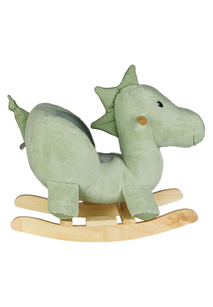 Das Bild zeigt ein Schaukeltier in Form eines grünen Dinosauriers namens "Dino Rexi". Das Spielzeug hat eine gepolsterte Sitzfläche und einen Unterbau aus Holz zum Schaukeln.