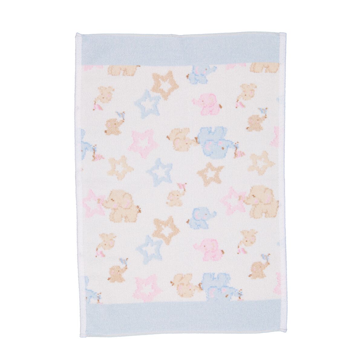 Das Bild zeigt ein kleines Handtuch mit den Maßen 37x50 cm. Das Handtuch ist mit bunten Elefanten und Sternen auf hellem Hintergrund gestaltet.