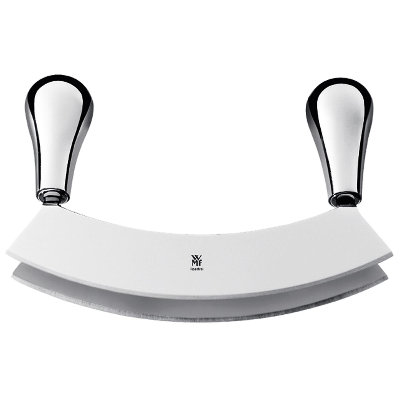 Das Bild zeigt ein Wiegemesser mit zwei Schneiden und zwei Griffen. Das Messer ist 18 cm breit und eignet sich ideal zum Zerkleinern von Kräutern oder Gemüse.