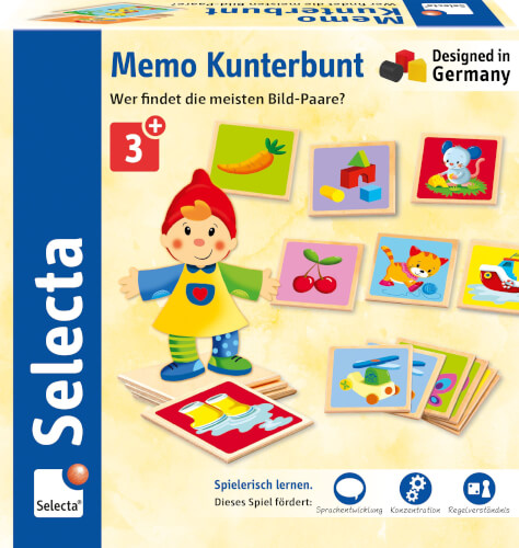 Auf dem Bild ist die Verpackung eines Memo-Spiels für Kinder ab 3 Jahren zu sehen. Verschiedene bunte Bildkarten sind abgebildet, darunter eine Karotte, eine Blume und ein Kind mit einem Hund.