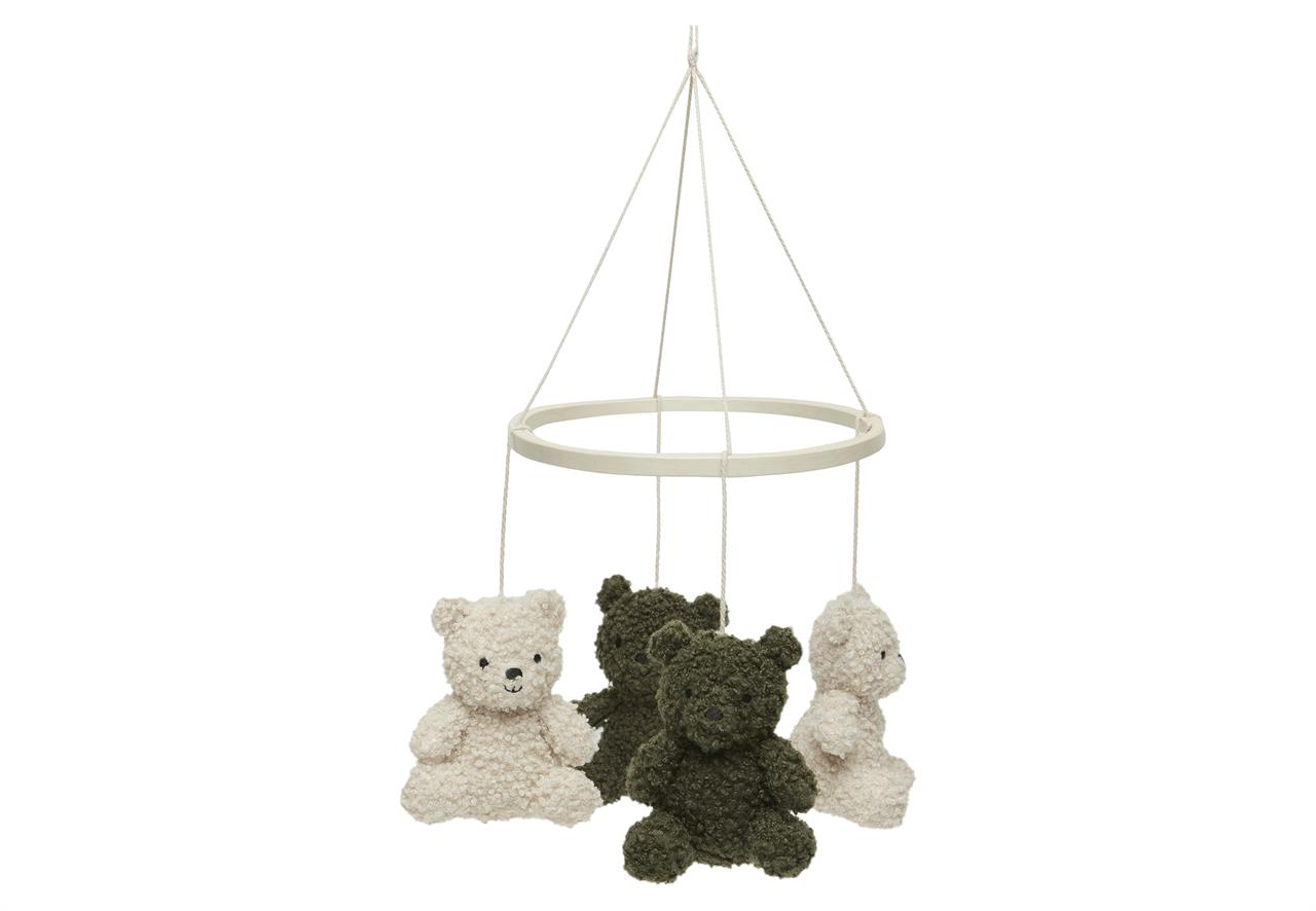 Das Bild zeigt ein Baby-Mobile mit vier Teddybären in Grün und Naturfarben. Die Teddybären hängen an Schnüren an einem runden Rahmen.