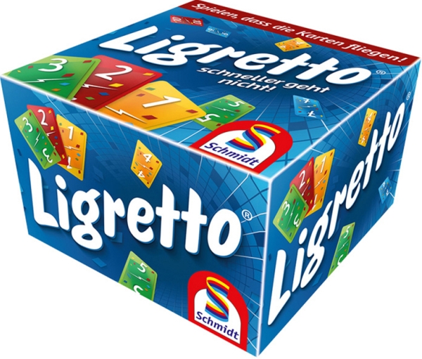 Dies ist eine Verpackung des Spiels "Ligretto® blau". Auf der Box sind bunte Spielkarten und das Schmidt Spiele-Logo zu sehen.
