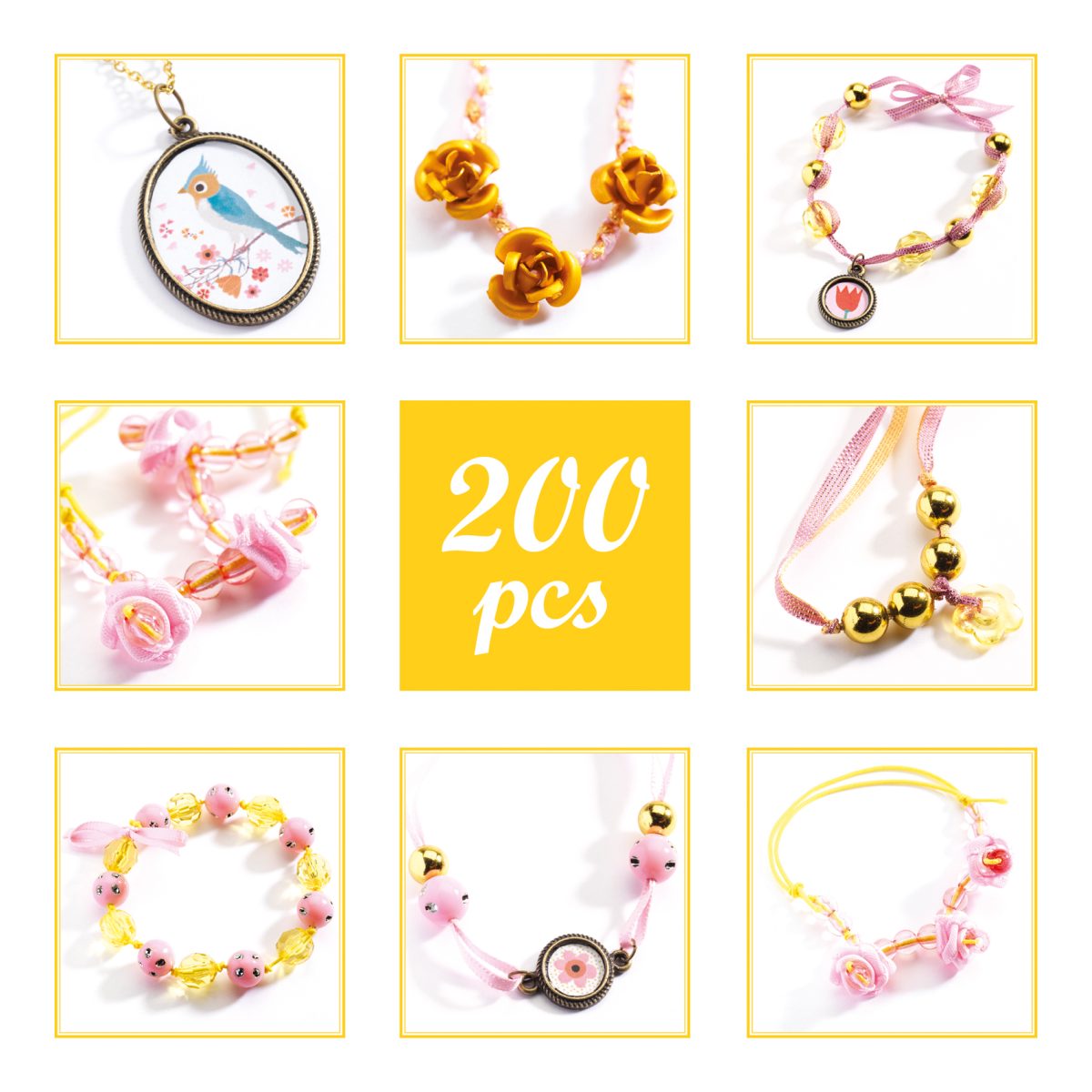 Das Bild zeigt verschiedene bunte Schmuckstücke und Bastelperlen, darunter Ketten und Armbänder mit Blumenmotiven. In der Mitte steht "200 pcs", was auf 200 Teile im Set hinweist.