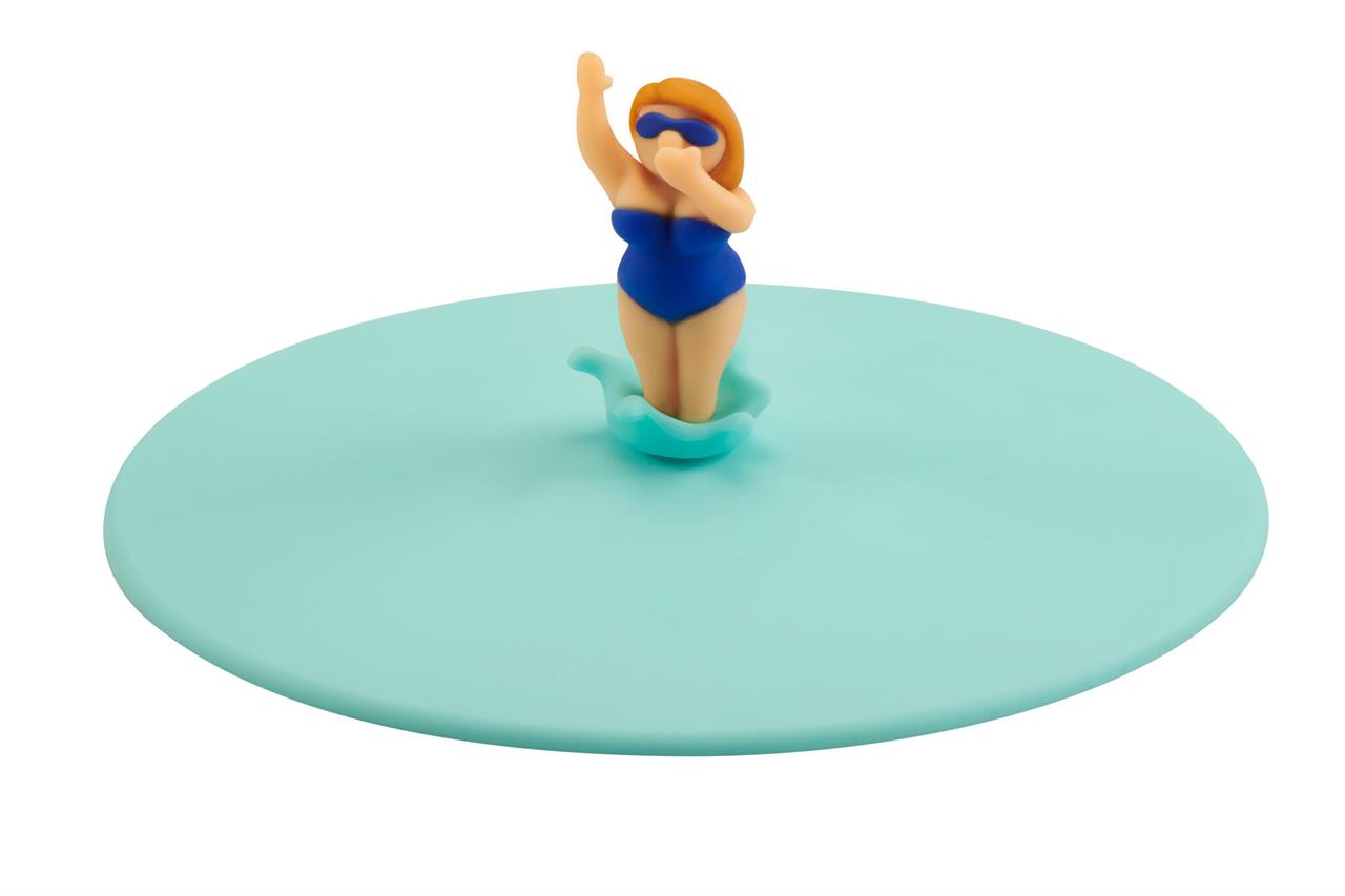 Auf dem Bild ist ein runder, türkisfarbener Deckel zu sehen. In der Mitte steht eine kleine Figur einer Frau im Badeanzug, die gerade zum Sprung ins Wasser ansetzt.