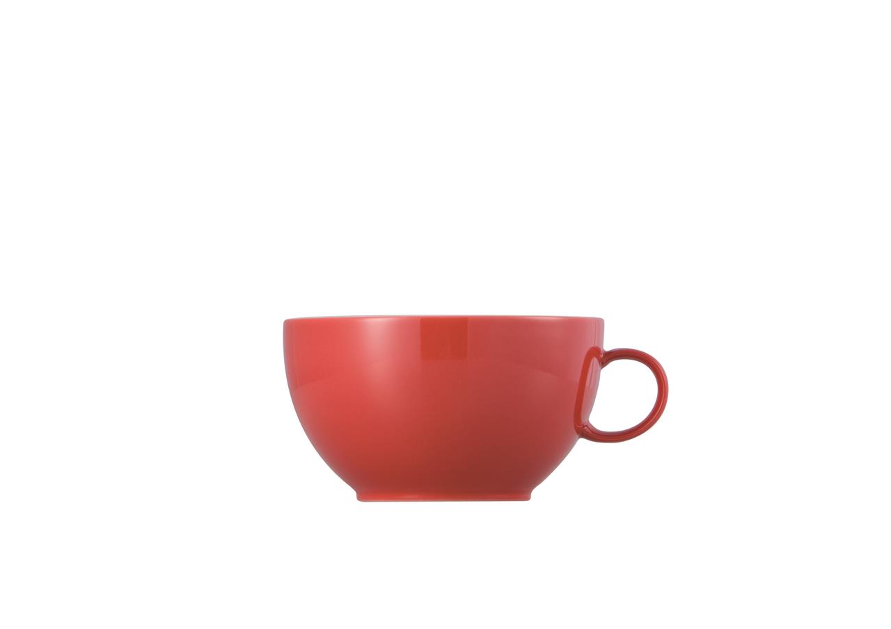 Die Abbildung zeigt eine rote Cappuccino-Obertasse mit einem Fassungsvermögen von 0,38 Litern. Das schlichte Design gehört zur Serie "Sunny Day / New Red".
