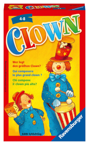 Auf dem Bild ist eine bunte Spielschachtel mit zwei fröhlichen Clowns abgebildet. Die Schachtel ist rot umrandet und trägt den Titel "Clown" von Ravensburger.