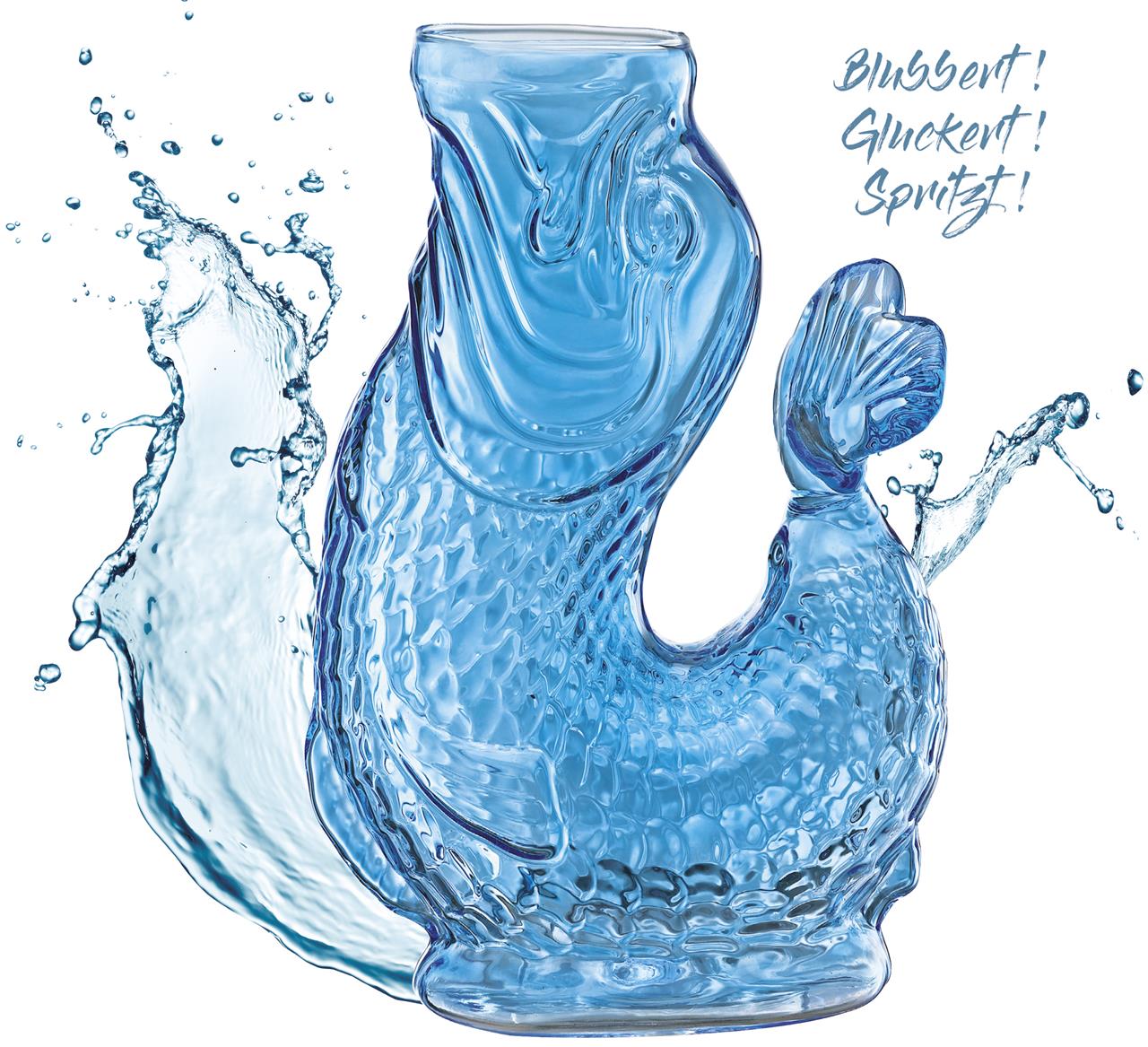 Hier ist die Wasserkaraffe Nemo in Blau abgebildet. Sie ist dekorativ und praktisch.