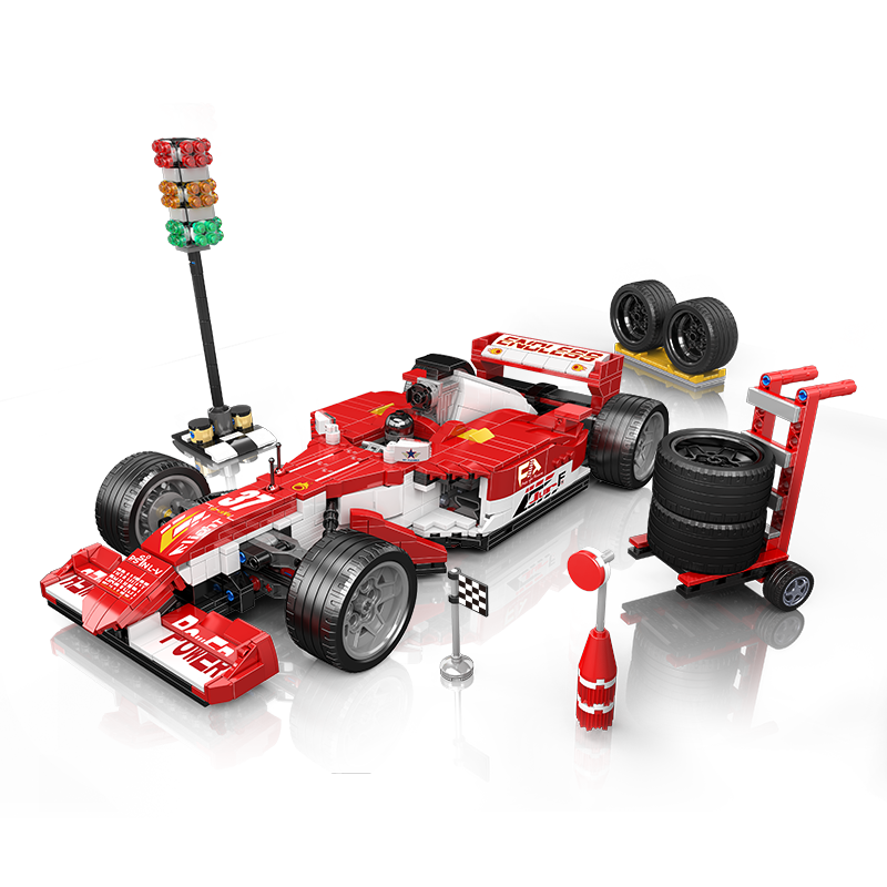 Abgebildet ist das Produkt Mould King® 10035 F1. Es handelt sich um ein Rennwagen-Modell aus Klemmbausteinen.