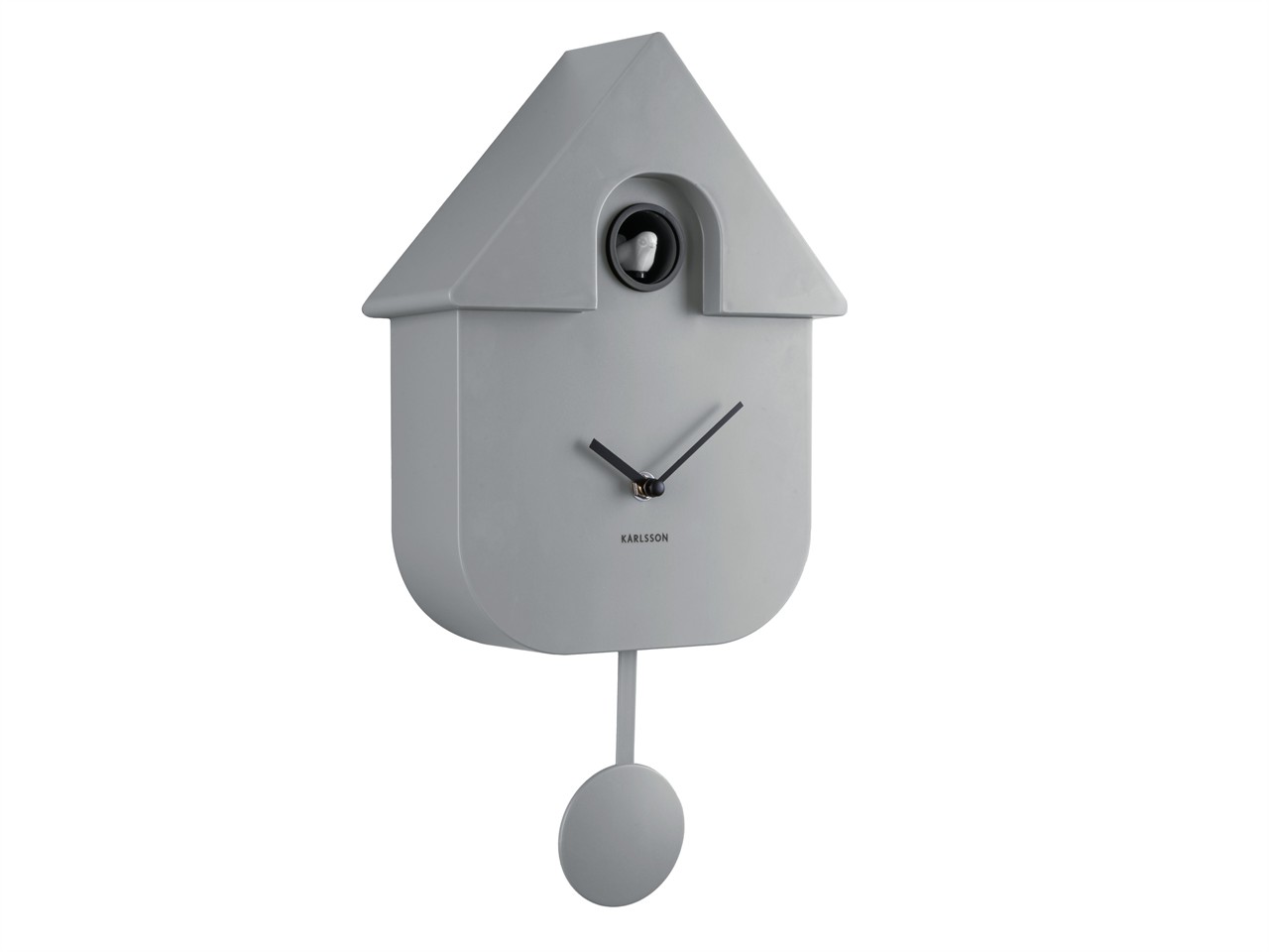 Auf dem Bild ist eine moderne Kuckucksuhr aus ABS-Kunststoff in Mausgrau zu sehen. Die Wanduhr hat die Maße 40x9x23 cm und besitzt ein schlichtes, zeitgemäßes Design.