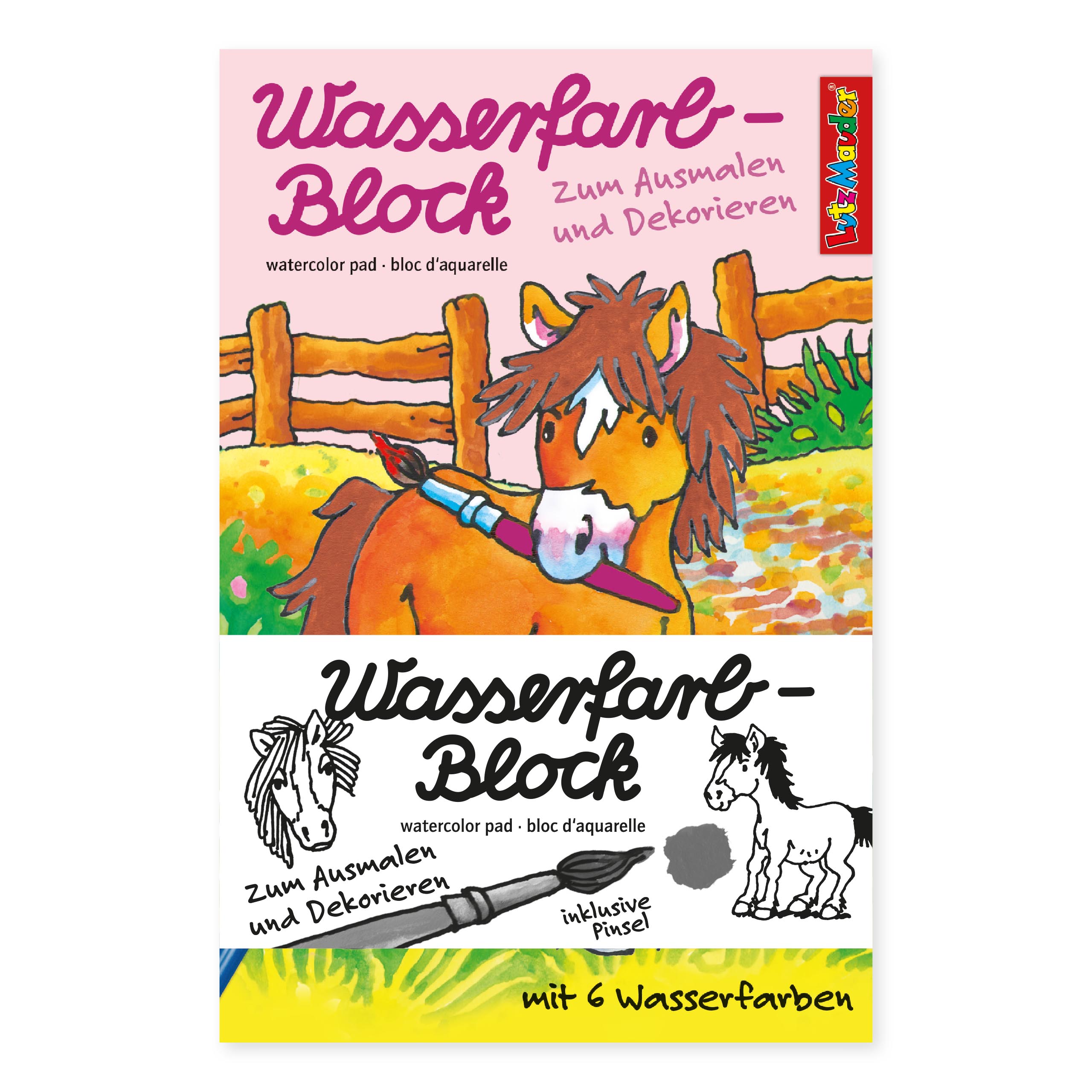 Das Bild zeigt den Magischen Malblock Pferde. Der Malblock enthält viele Pferdemotive zum Ausmalen.