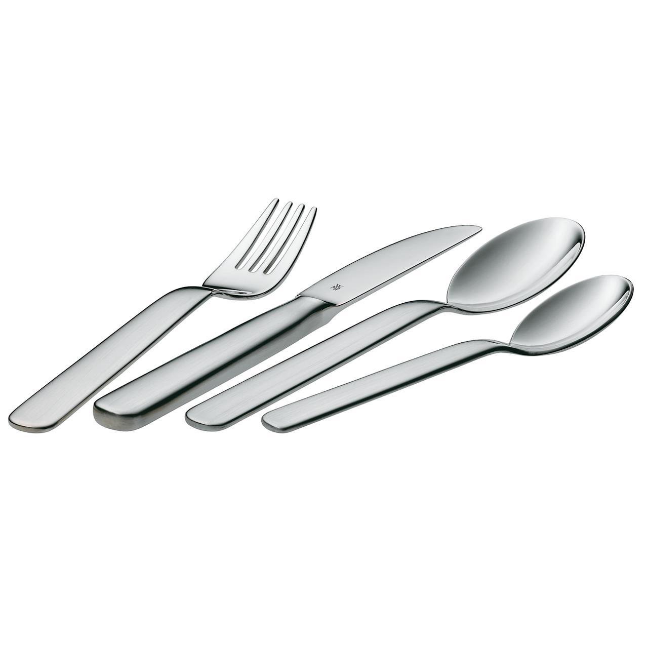 Das Bild zeigt ein vierteiliges Kinderbesteck-Set aus Metall. Es besteht aus einem Messer, einer Gabel und zwei Löffeln.
