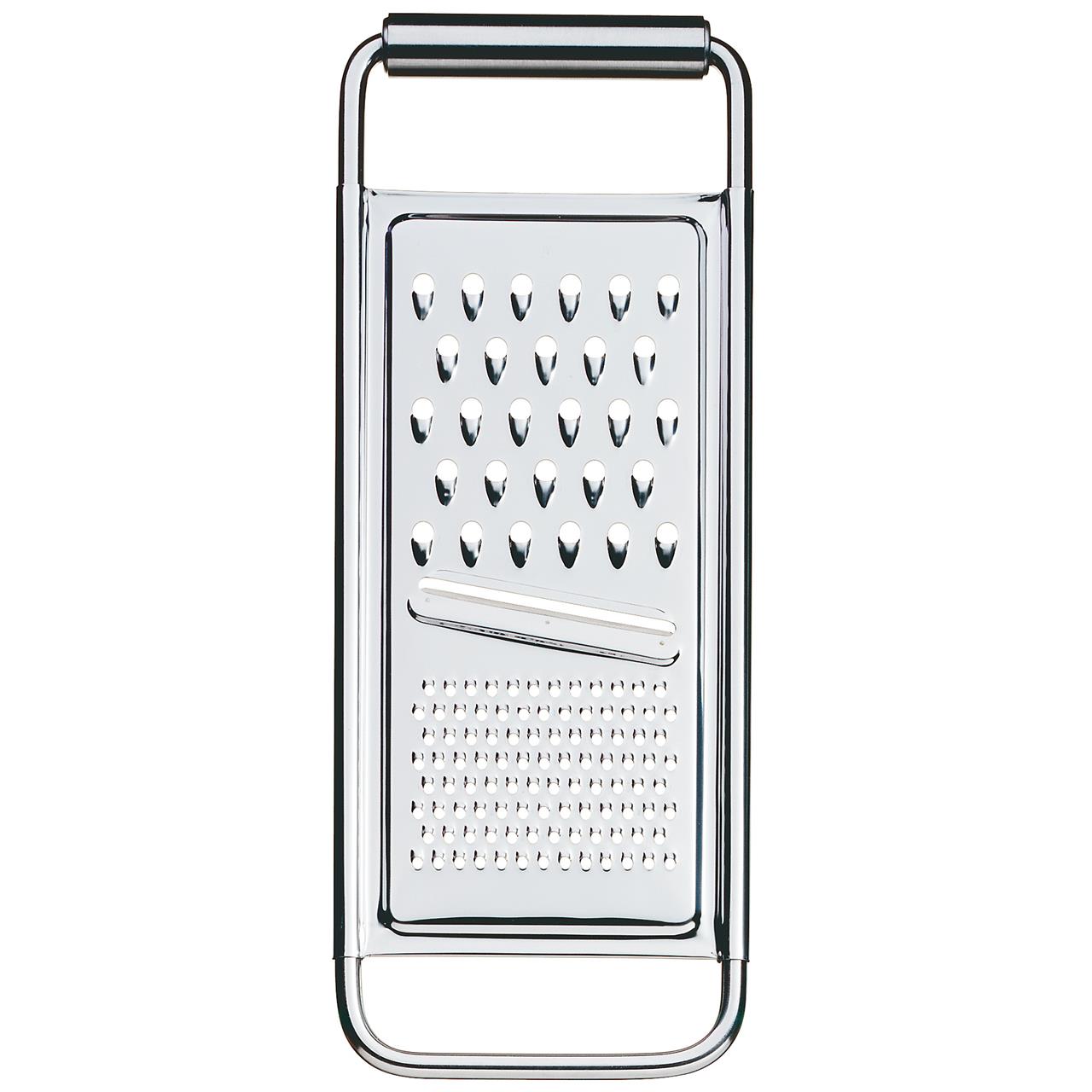 Das Bild zeigt eine Universalreibe aus Metall. Sie hat verschiedene Reibeflächen zum Raspeln, Hobeln und Reiben von Lebensmitteln.