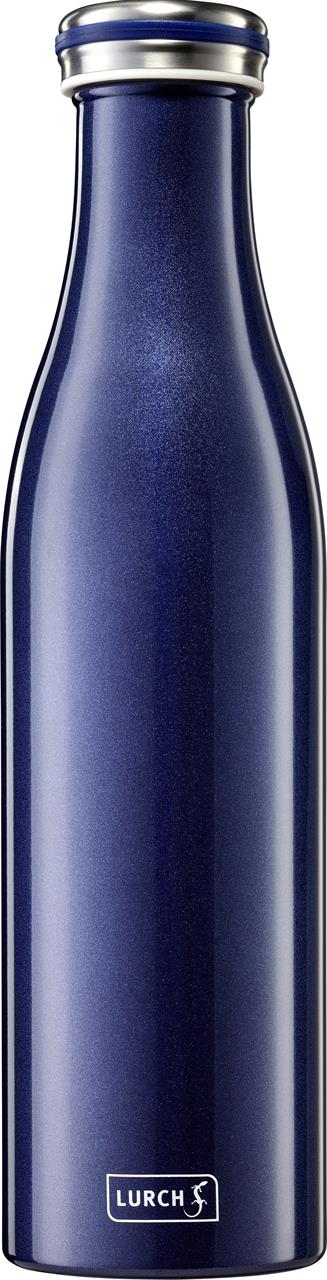 Die Abbildung zeigt eine isolierte Edelstahlflasche mit einem Fassungsvermögen von 0,75 Litern. Die Flasche ist in einem Blau-metallic Farbton gehalten.