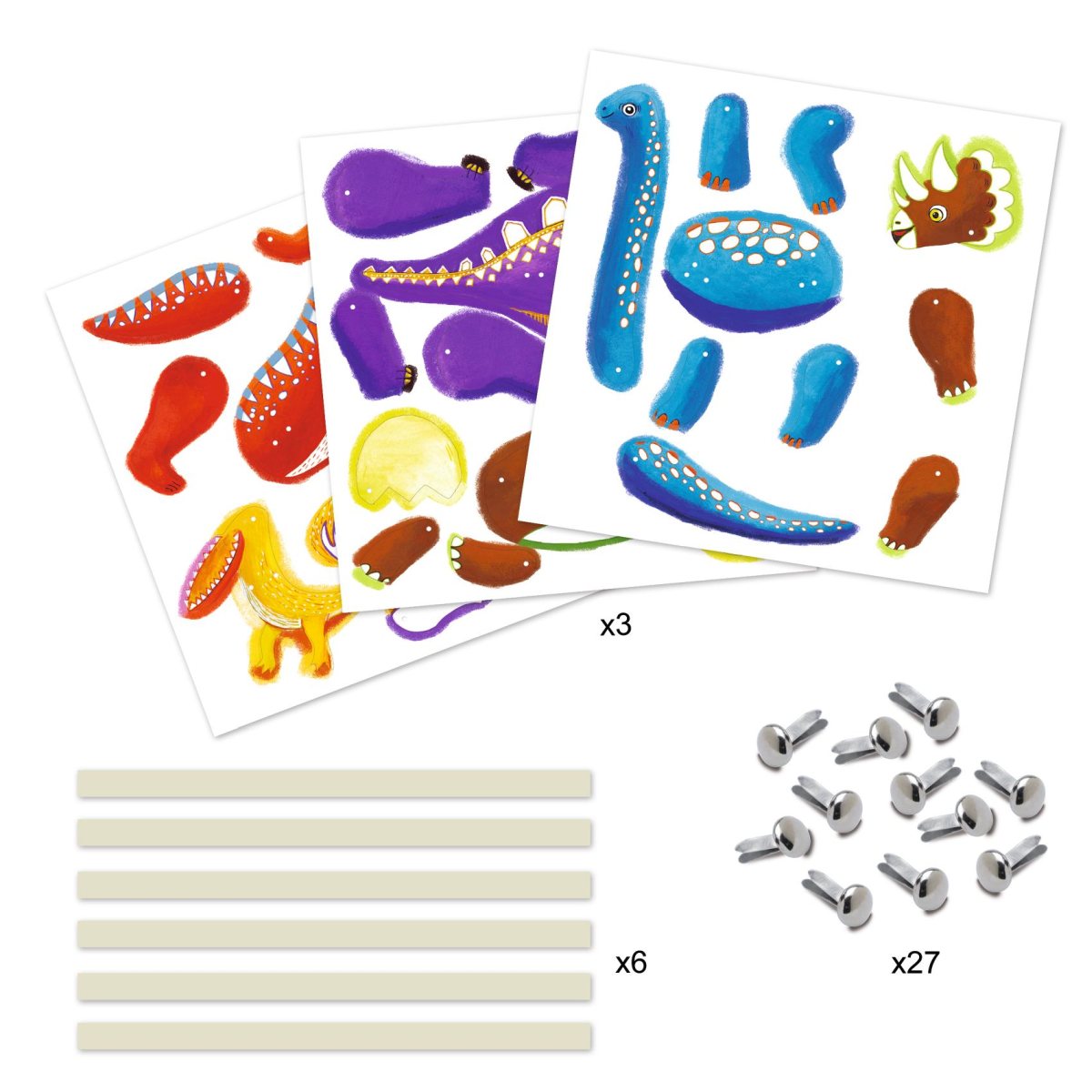 Das Bild zeigt Bastelbögen mit bunten Dinosaurierteilen, Stäbchen und Befestigungselementen. Das Set heißt "Kleine Geschenke: Dinos-Hampelmänner" und dient zum Basteln von beweglichen Dinosaurierfiguren.