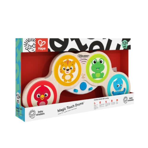 Das Bild zeigt ein Kinderspielzeug namens "Magic Touch Drums" von Baby Einstein und Hape. Es ist für Kinder ab 12 Monaten geeignet und zeigt bunte Tiermotive auf den Trommelflächen.